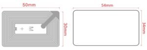 images Model HF-1503-5030-F08 RFID HF Inlay, 50mm x 30mm on 55x35 backing, 8k bits Fudan FM11RF08 ISO 14443A NDEF memory chip, fully interchangeable with NXP Mifare EV1 S50 or S70