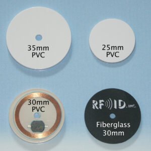 Model 1761-30-P/S-RO PVC Laminate w/center hole, peel & stick, EM4102 chip, 30mm diameter x 2mm thick, 125 KHz LF RFID
