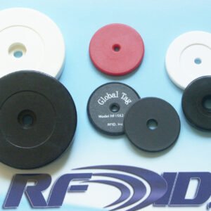 Model HF-1562-30 ABS Disc Tag, 30mm diameter x 5mm tall, 5mm center hole, available with ISO 15693 or 14443 NFC memory chip