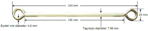 images Model S240 Eyelet Strap High Temp 250C Tag, clear, 240mm length x 5mm dia. with metal eyelets each end, UHF 902-928 MHz passive RFID