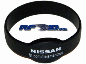 images Model HF-1571-SS-F08 yellow Silicon Slip On RFID Wrist Band w/data printed, 8k bits Fudan FM11RF08 ISO 14443A NDEF NFC memory chip, fully interchangeable with NXP Mifare EV1 S50 or S70