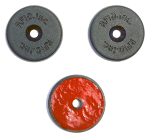 images Model 1772-RW-CS-HT 22mm diameter x 3mm w/countersunk hole, high temp 185C, 125 KHz LF RFID Tag, Light Gray