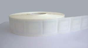images Model HF-1503-40SQLB-N213 RFID Label, 40mm sq antenna inlay, 50mm sq label, 144 Bytes NXP NTAG 213 ISO 14443A NDEF NFC memory chip